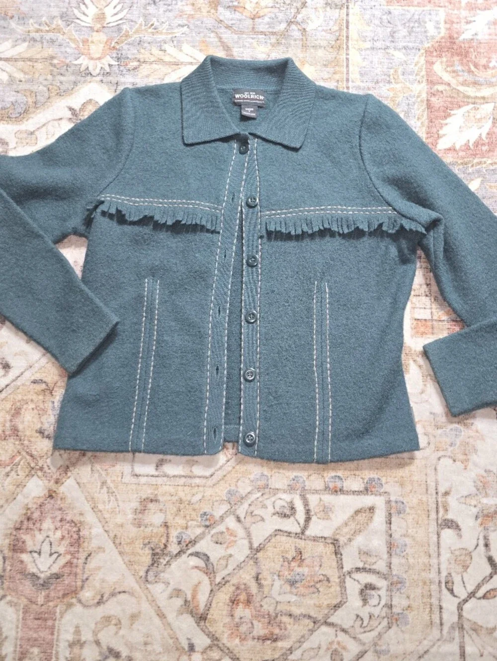 Woolrich Teal Button-Front Fringe Detail Jacket